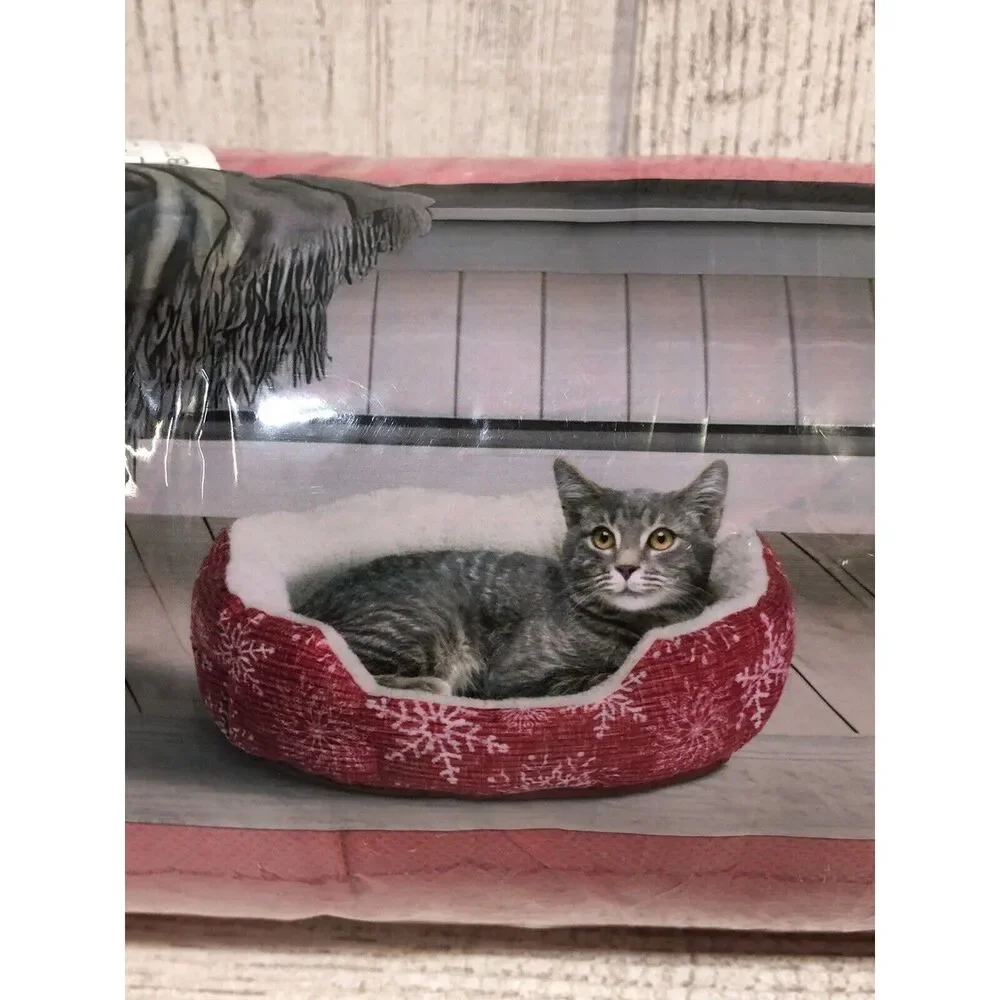 Vibrant Life Small Cuddler Cat Dog 19” Bed Red Snowflake Round Cozy Sleep New